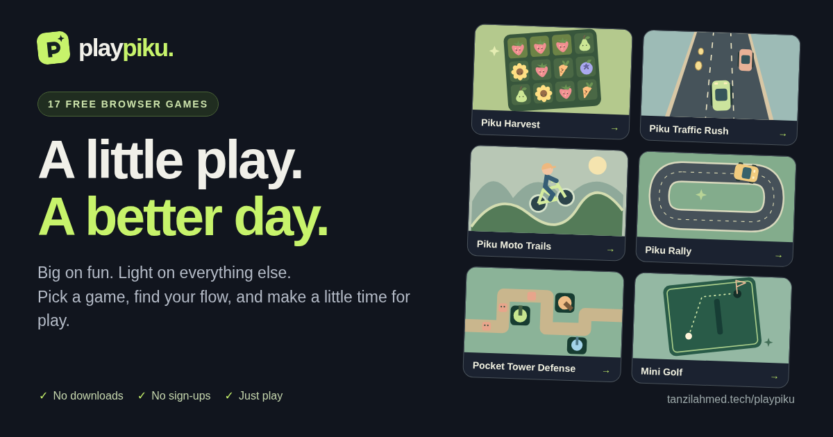 PlayPiku project artwork: A little play. A better day., with illustrations of its browser games.